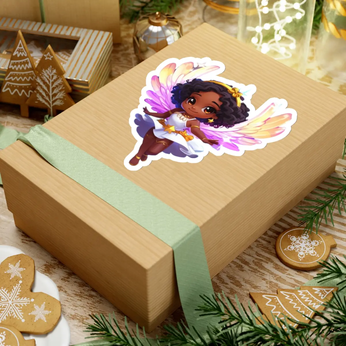 African American Christmas Angel, Black Girl Magic, Melanin Queen, Princess Fairy, Kids, Teen, Girls, Birthday Kiss-Cut Stickers