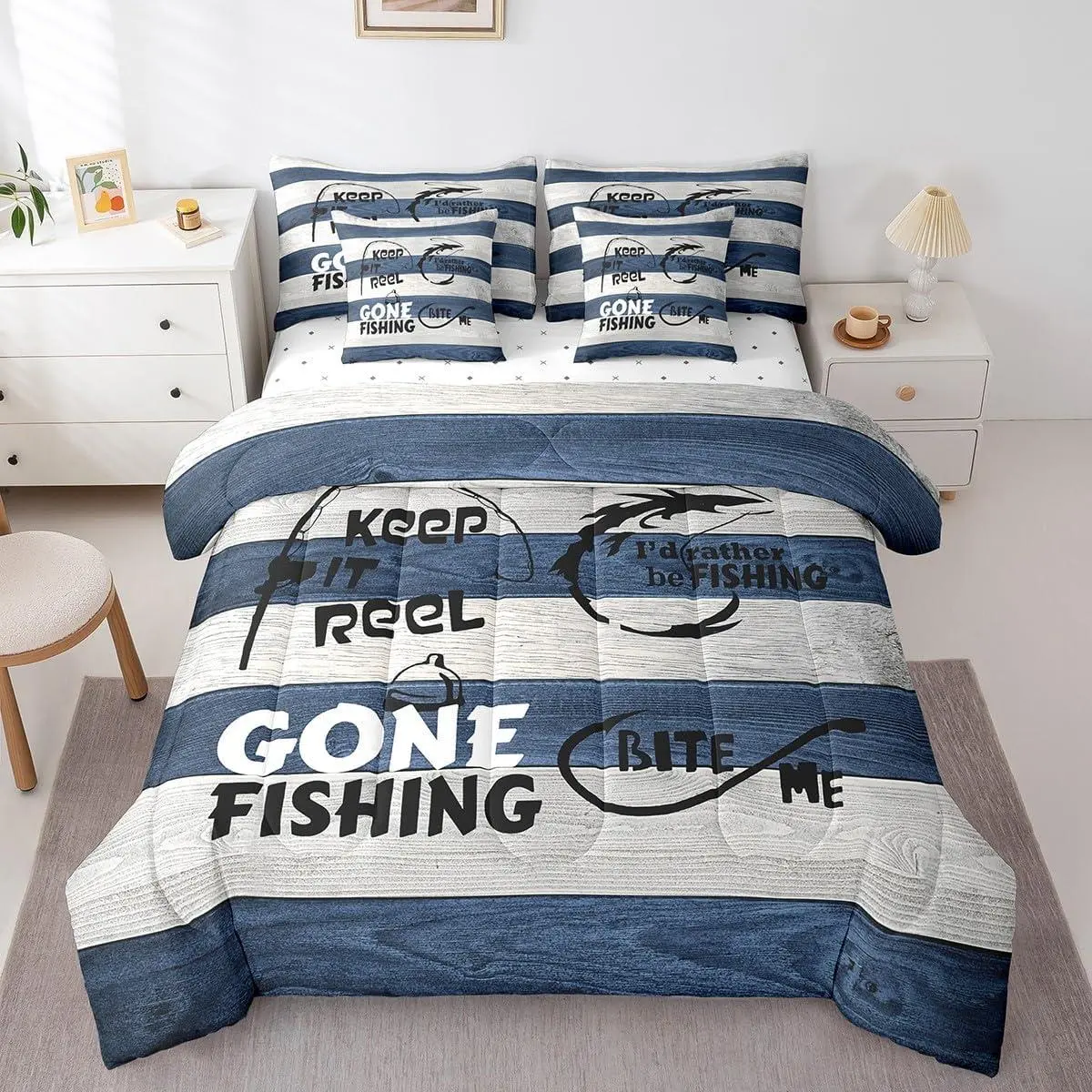 7Pcs Comforter Set,Fishing Theme Bed in a Bag with Flat Sheet and Fitted Sheet for Kids and Adults,Camping Decor Bedding Set with Pillowcases & Throw Pillow Covers