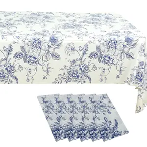 5-Pack Rectangular Plastic Tablecloths – White with Blue French Toile Pattern, PVC Waterproof Disposable Table Covers 54"x108"