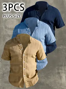 3PCS Men's Plus Size Summer Short Sleeve Shirt - Lightweight Breathable Solid Color Button-Up Casual Shirt with Stand Collar,Machine Washable for Beach Vacation,Pool Party & Casual Attire,Beach Shirt,Perfect for gifting