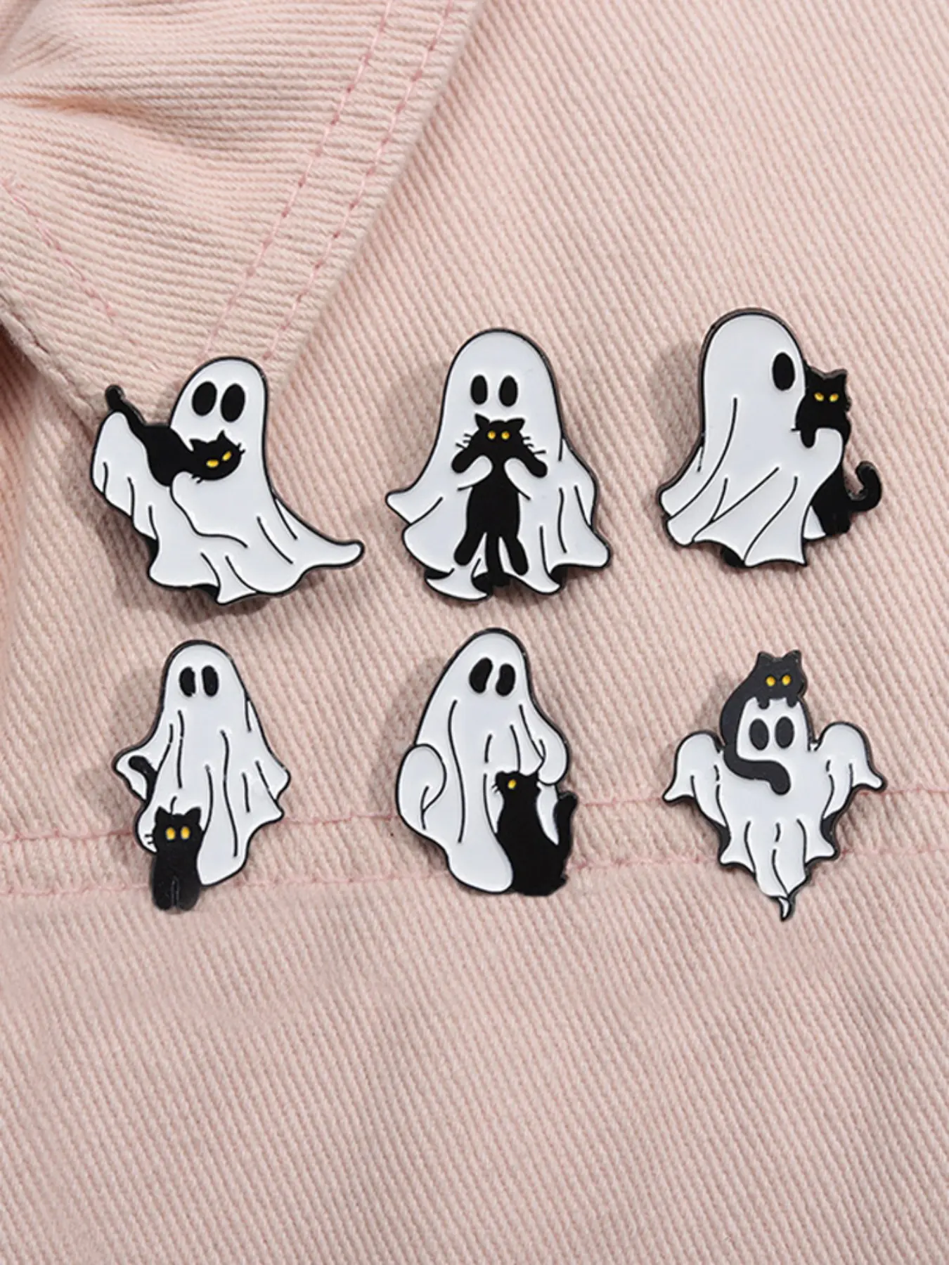 6 Piece Set White Ghost Blck Cat Enamel Pins Halloween Alloy Brooches Decor Pins Lapel Backpack Badge Fashion Jewelry Accessories Gifts for Friends