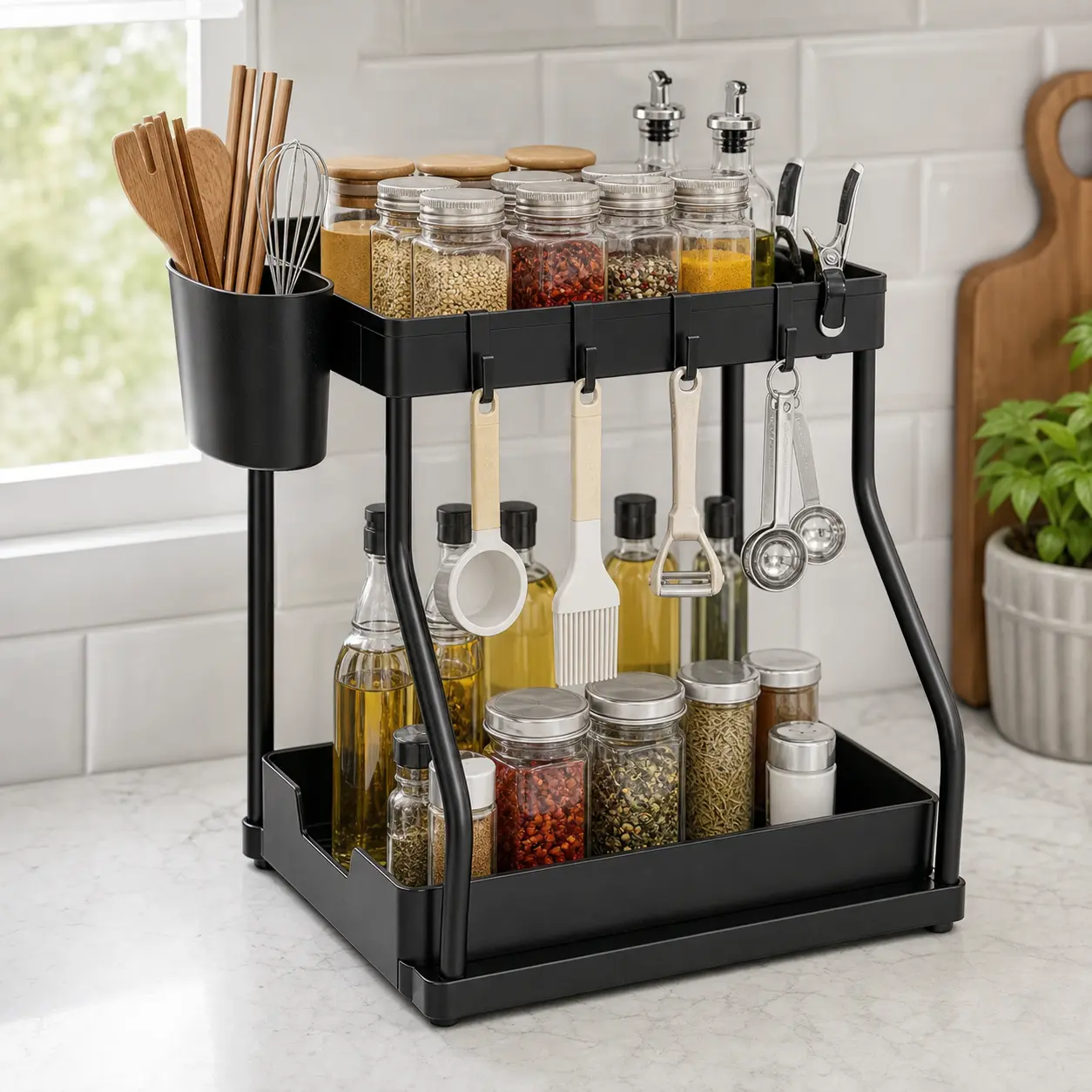 2 Tier Kitchen Countertop Spice Rack Organizer, Metal Storage Shelf with Utensil Holder and Hooks for Seasoning Jars, Condiments and Small Items