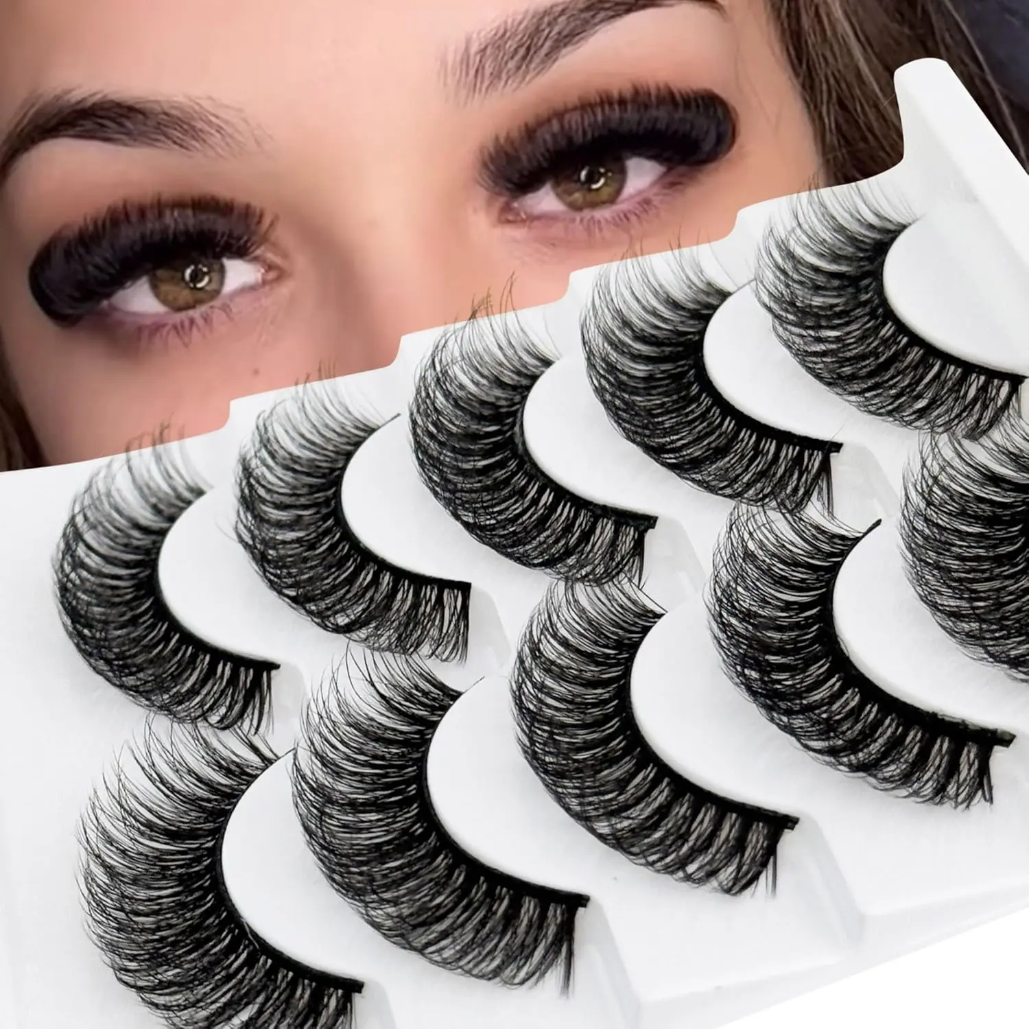 Makeup 5 Pairs Short D-Curl Faux Mink False Eyelashes, Wispy Cat Eye Strip Lashes, Thick Double-Stacked Volume, Natural Lash Extension Look, 8-14mm Reusable