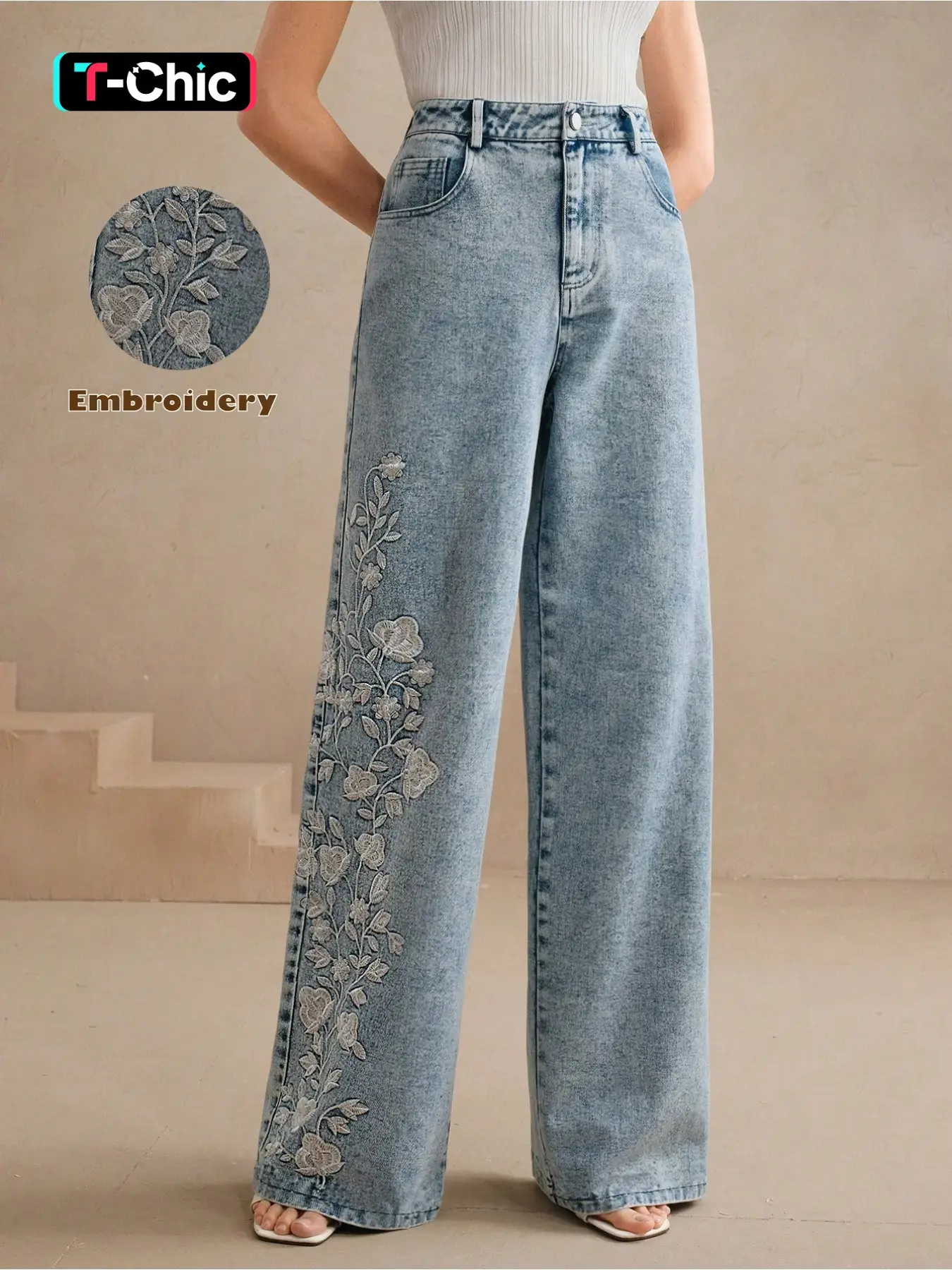 Women's Versatile Casual Embroidered Washable Wide-Leg Denim Trousers, Chic Elegant Comfortable Denim Pants, Womenswear