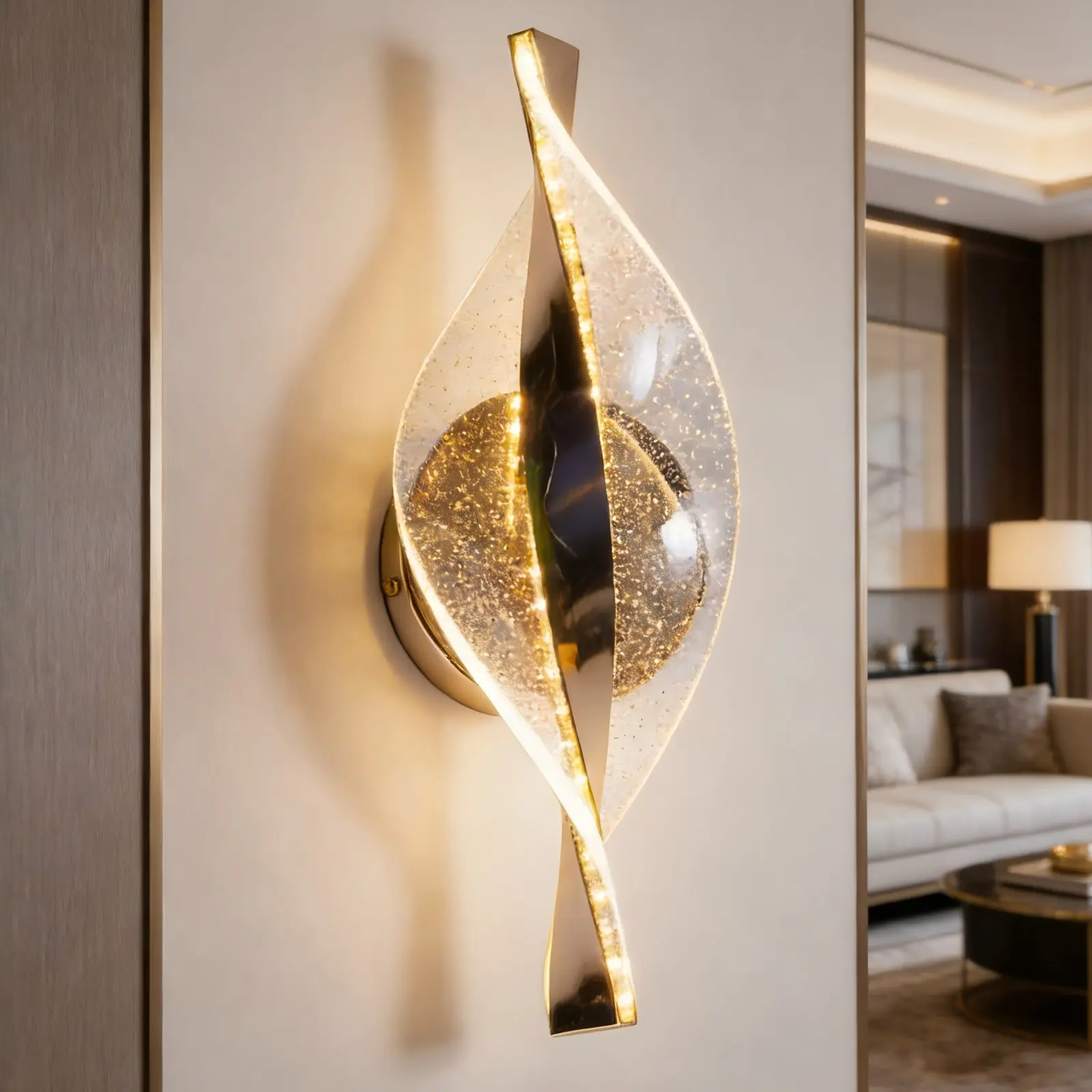 4.3 Inch Modern Gold Leaf LED Wall Sconce, 3-Color Glitter Acrylic Wall Light, Minimalist Bedside Lamp for Bedroom Living Room Hallway