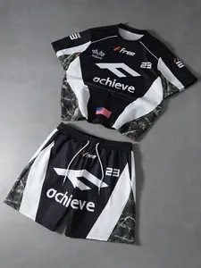 Unisex Street Style branch pattern color-blocked racing black and white patchwork short-sleeved shirt and shorts set, Matching, Suitable for streetwear, racing suits, racing culture enthusiasts, Y2K style, couple outfits