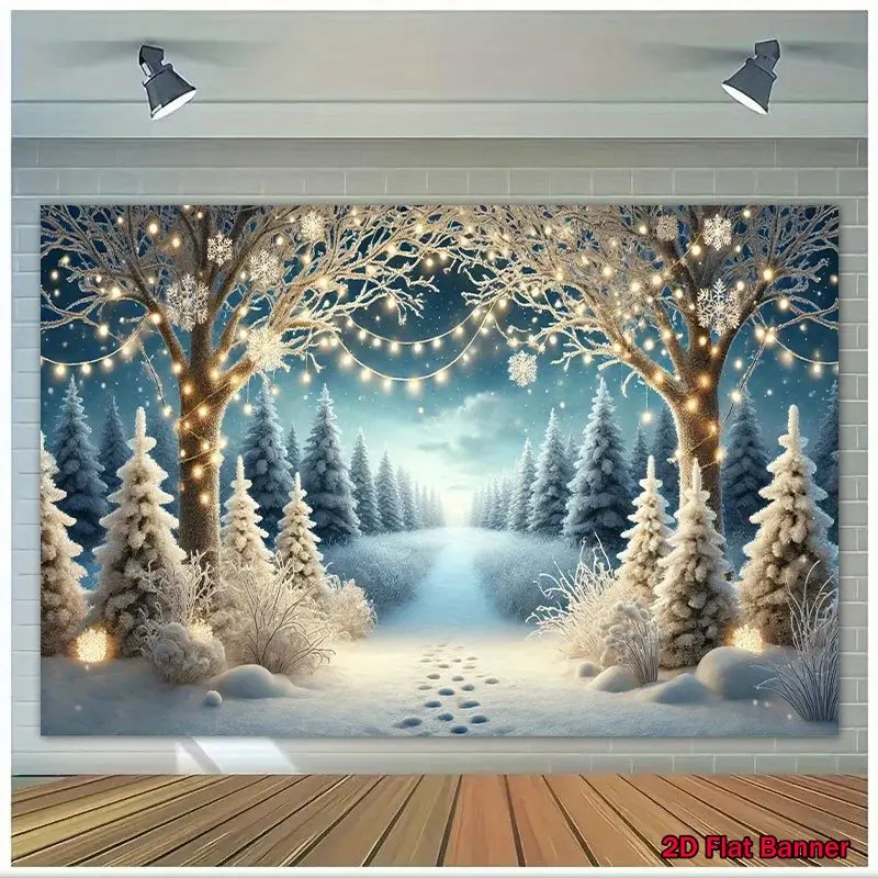 1pc Luminous Watercolour 2D Flat Print Winter Wonderland Snow Scene Polyester Backdrop Banner, 8x6ft/244x183cm, for Home Decor, Photo Shoot, Party Setup