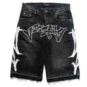 Harajuku new letter embroidered black jeans men's hip-hop retro loose shorts men's casual sports denim shorts street wear men's wet clothes pattern shorts long pants tropical pants motorcycle off-road pantsRAIMENTRY