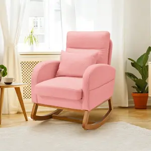 Pink Upholstered Nursery Rocking Chair with High Back, Comfortable Glider Armchair with Side Pocket, Wood Legs for Living Room