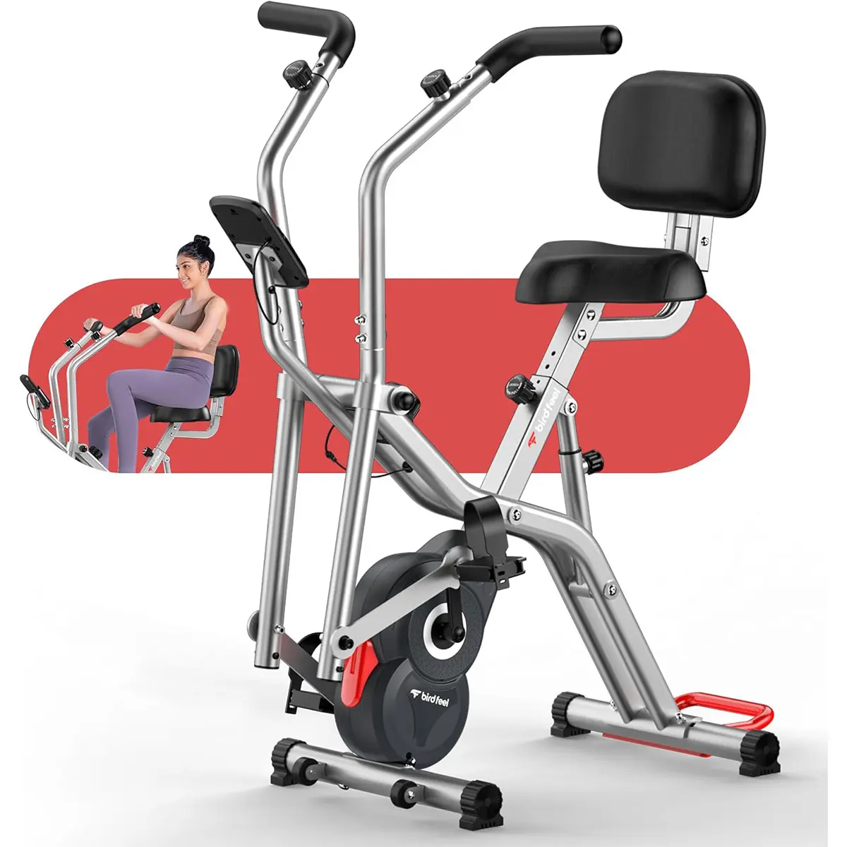 Foldable Exercise Bike, Multifunctional Indoor Stationary Bikes for Home with 8-Level Magnetic Resistance, Quiet Workout Bike with Arm Resistance Bands, LCD Monitor, 300LBS Capacity