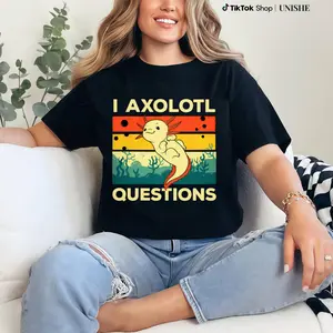Cool Cotton Axolotl T-Shirt with Fish Questions Print