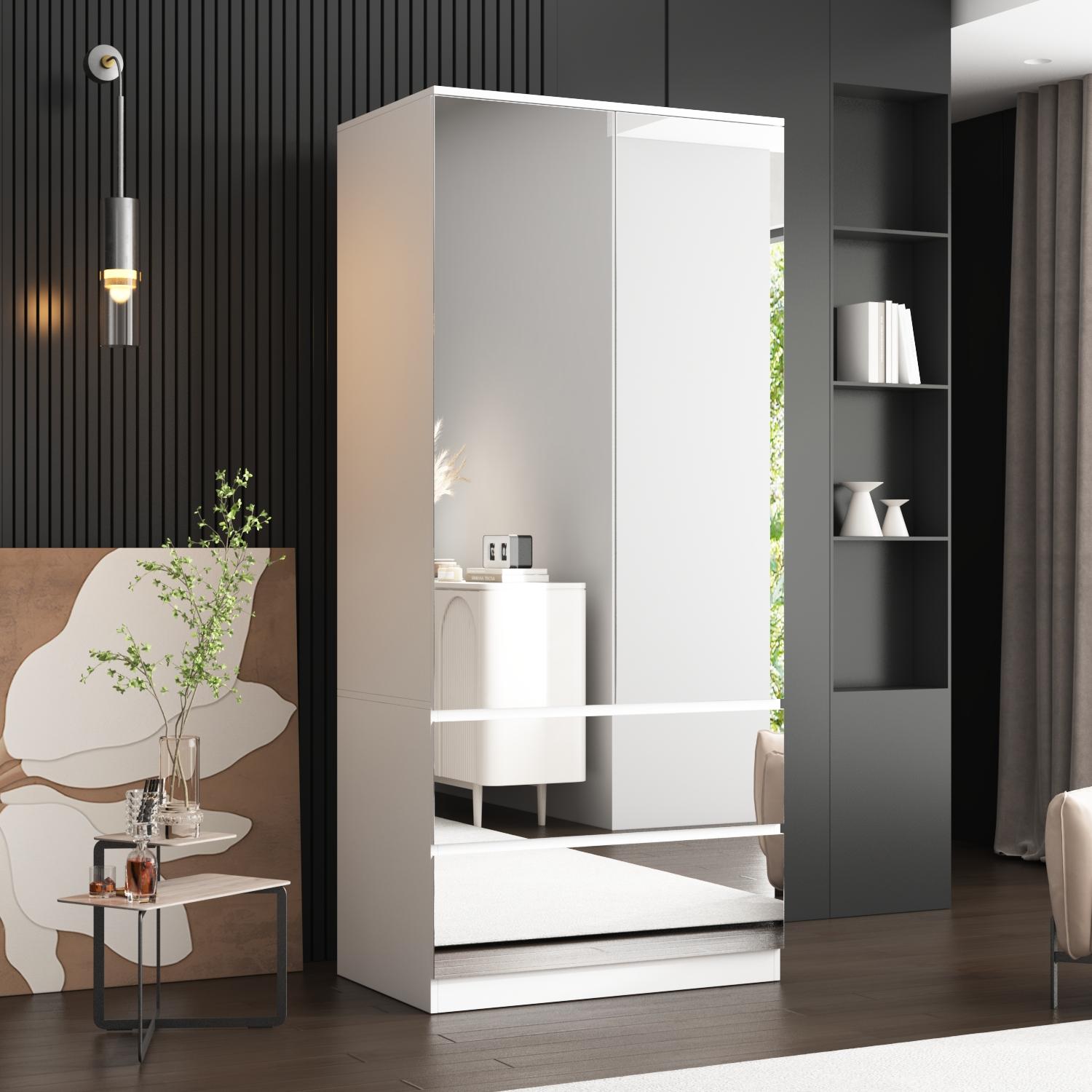 FUFU&GAGA 3 Types Mirror Wardrobe Armoire with Drawers, Full Length Glass Mirrors, 2 Smooth Sliding Drawers & Hanging Rod for Bedroom Storage FUFU&GAGA 3 Types Mirror Wardrobe Armoire with Drawers, Full Length Glass Mirrors, 2 Smooth Sliding Drawers & Hanging Rod for Bedroom Storage