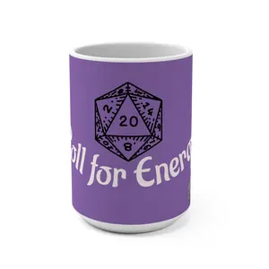 D20 Gaming Mug - Roll for Energy 15oz Ceramic mugs for RPG Coffee & Tea, Dungeons and Dragons Gift, Dragon Design, Reusable Washable Drinkware