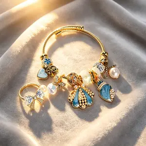Women's 2-Piece Ocean Themed Charm Jewelry Set - Adjustable Stainless Steel Open Bangle Bracelet with Seashell, Starfish, Mermaid Pendant Beads, Matching Ring, Vintage DIY Beaded Design for Daily Wear, Gifting