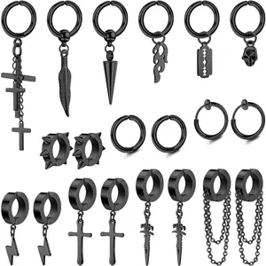 FLORIDECO 26Pcs Stainless Steel Non-Pierced Clip-On Fake Men's Earrings Variety Set - Cross Chains, Lightning, Feather, Spike, Skull Dangle, Huggie Hoop Styles in Black, Silver Tone for Daily Wear