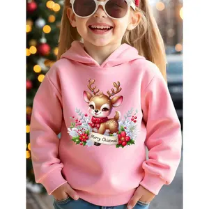 Girls' Christmas Hooded Sweatshirt - Cute Reindeer & Merry Christmas Lettering, Soft Fleece Pullover Hoodie with Red & Floral Accents