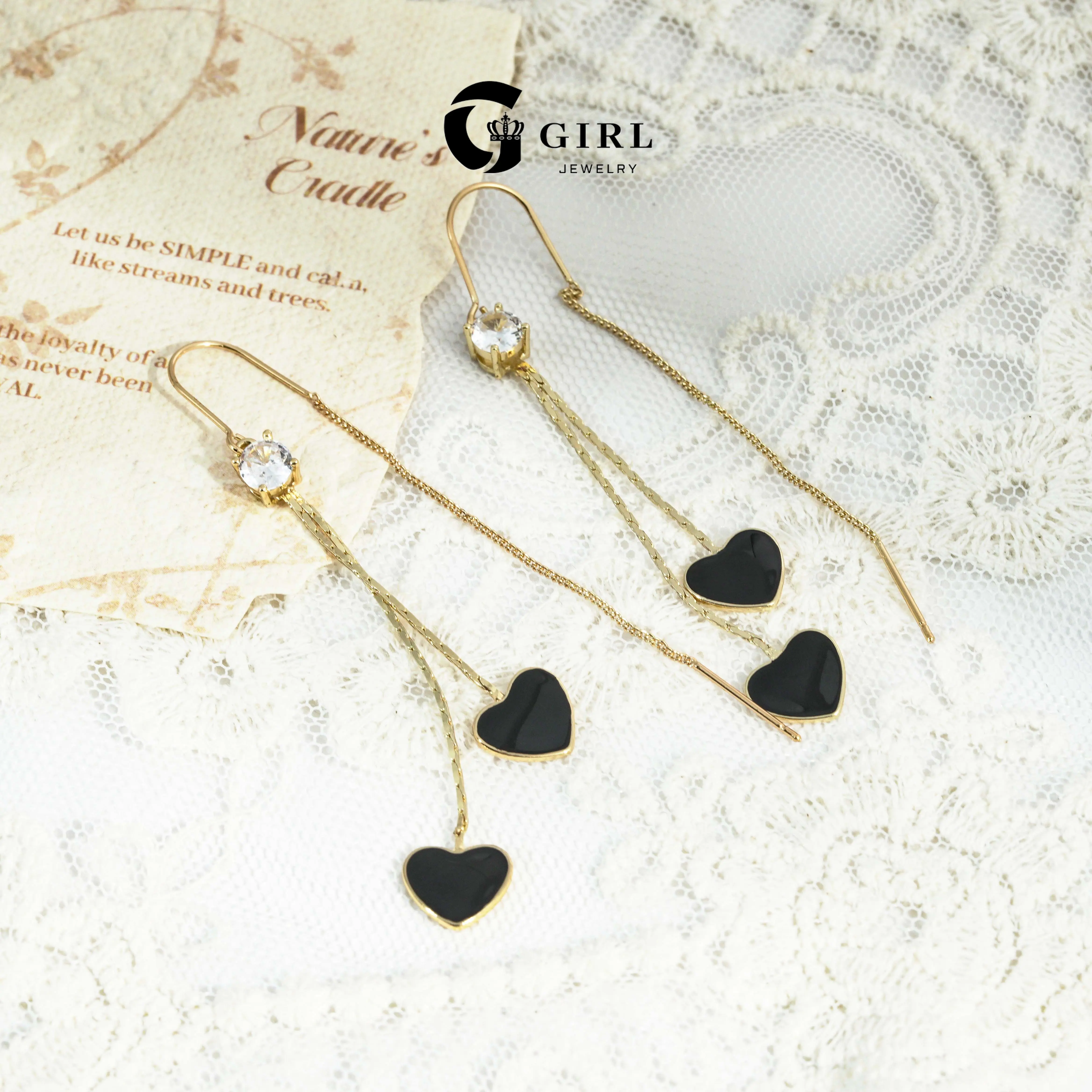 GGIRL Elegant Long Tassel Black Heart Threader Earrings for Women, 18K Gold Plated Dainty Long Chain Drop Earrings Inlaid Zircon, Trendy Shiny Lovely Summer Accessory For Daily Party, Ideal Romantic Gift for Her On Birthday & Valentine's Day