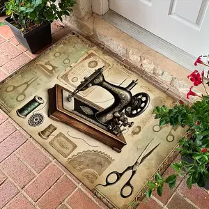 1pc Doorway Mat, Vintage Style Sewing Machine Needlepoint Cutting Tool Pattern Printed Carpet, Stain and Slip  Polyester Soft for Indoor/ Outdoor Doorways Perfect for Living Room, Bathroom, Kitchen Decor and Gift