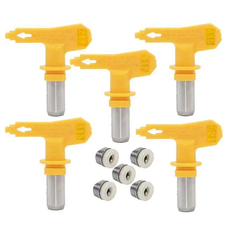 5-Piece Reversible Airless Spray Tips, for airless paint spray guns and airless paint sprayers. Yellow wear-resistant tips suitable for painting homes, buildings, decks, or fences (models: 211, 313, 415, 517, 621).