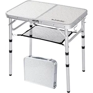 Small Folding Table with Mesh Layer, 3 Adjustable Heights  Lightweight Portable Folding Table with Extension , Camping Table for RV, Picnic and Indoor