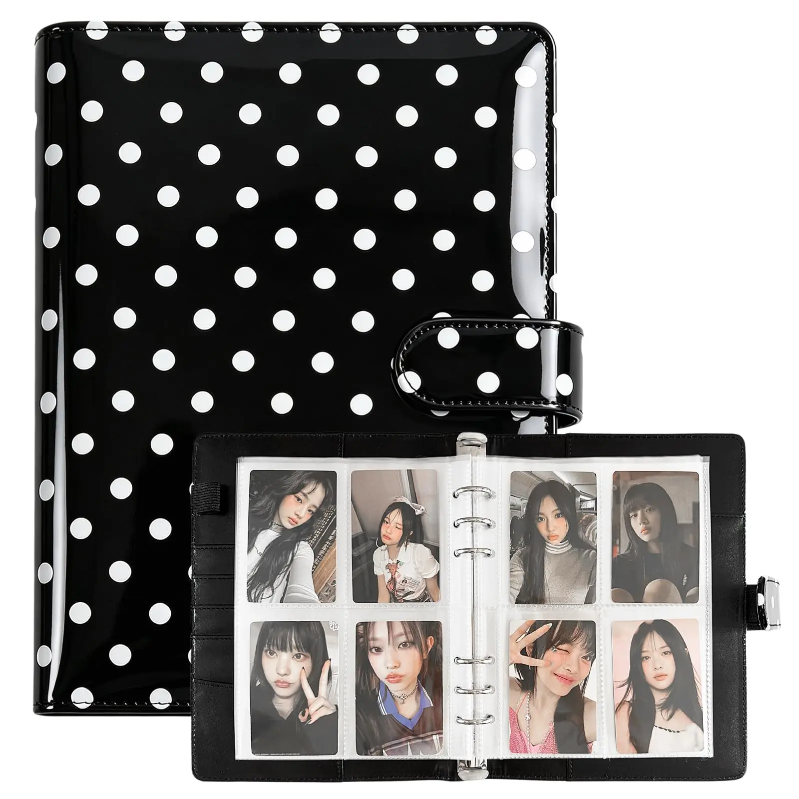 A5 Kpop Photocard Binder, 30 Pack 4-Pocket Pages for 240 Cards, 6-Ring Album with Polka Dot Pattern Cover, PU Leather Magnetic Closure Trading Card Organizer