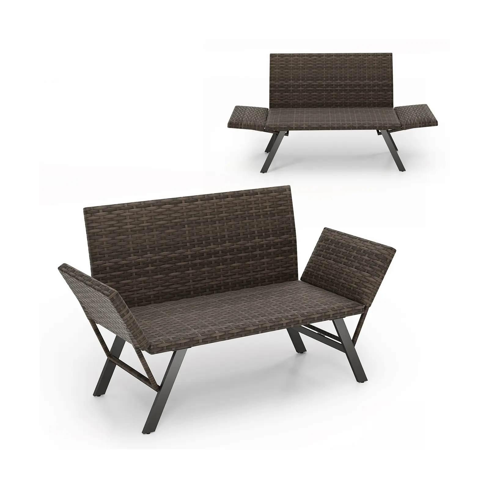 COSTWAY - Patio Convertible Sofa for 2 Quick Dry Foam Padded Rattan with Armrests-Gray