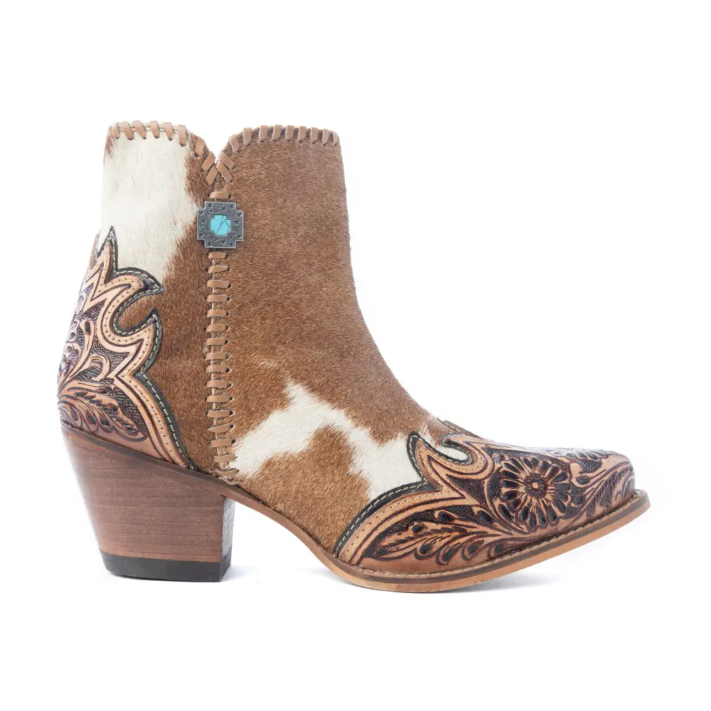 Women's Natural Cowhide Leather Booties - Slip-On Mesa Hideaway Snip Toe Style with Western Elegance, Caramel Statement Footwear, Cow Hide, Statement Shoes, Urban Cowboy, Ankle Length