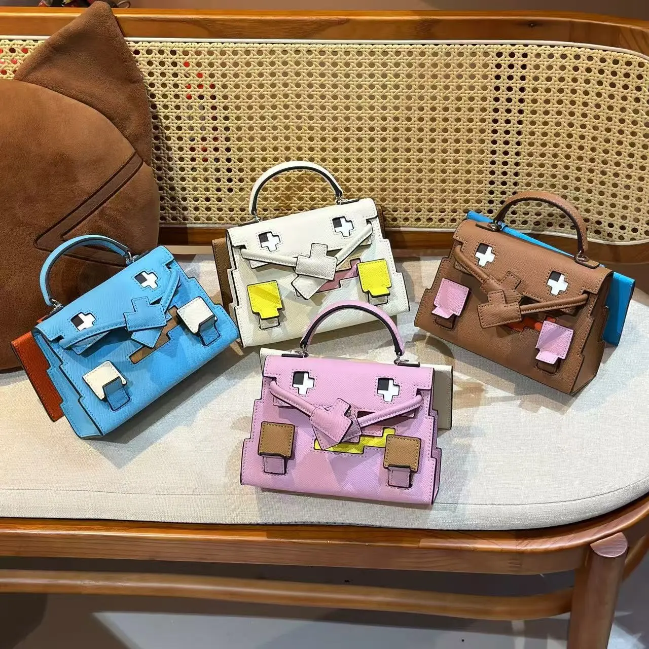 Women's Mini Pixel Mosaic Cartoon Handbag, Cute Monster Design Top Handle Satchel Purse, Detachable Shoulder Strap Crossbody Bag for Daily Party