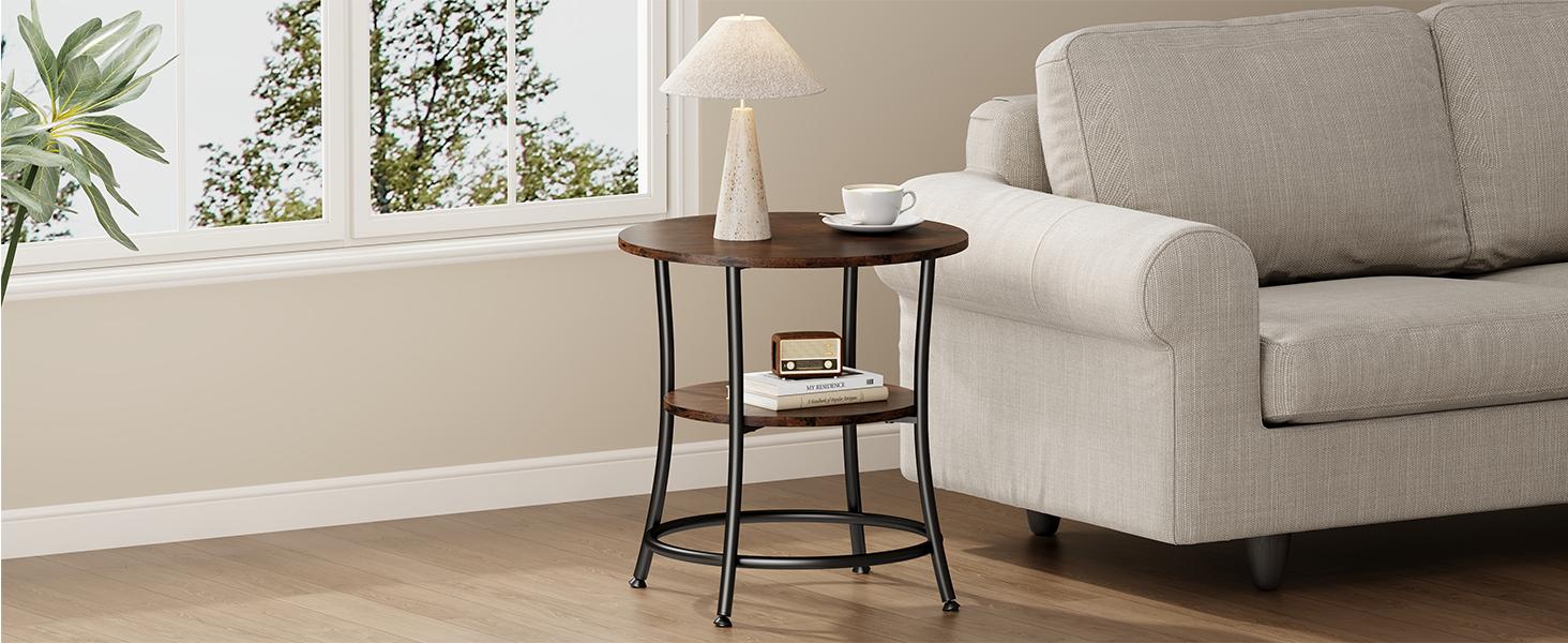 2-Tier Side Round Table for Living Room, Accent End Table with Storage Shelf,Sturdy Metal Frame Nightstand for Small Space, Round Bedside