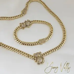 Gold Plated Cz Bear Cuban Choker Chain Necklace and Bracelet Set for Women Cubic Zirconia Elegant Style.