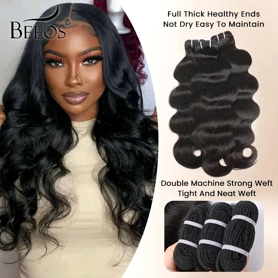 BEEOS Raw Human Hair Bundles Body Wave Bundles Human Hair Real Unprocessed Brazilian Virgin Hair for Extensions Natural Color 20 Inches Human Hair Extensions Quick Weave Natural Black