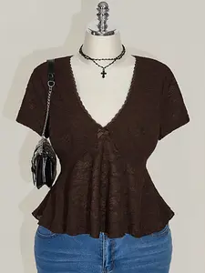 ICON Plus Size Black V-Neck Lace Trim Babydoll Knit Top – Elegant Going Out Tops for Women