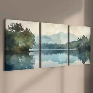 3 Counts Wooden Framed Canvas, Serene Mountain Lake Landscape Images, Exquisite Poster, Perfect Living Room Decoration, Modern Art, Fashion Family Poster, Wall Art Decoration, Odorless, Artwork