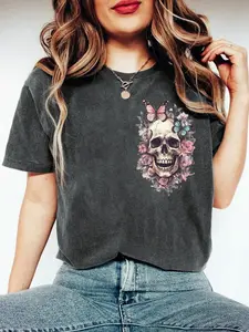 Comfortable color floral skull shirt floral butterfly skull Fitted T-shirt, natural plant shirt Halloween skull T-shirt Knit