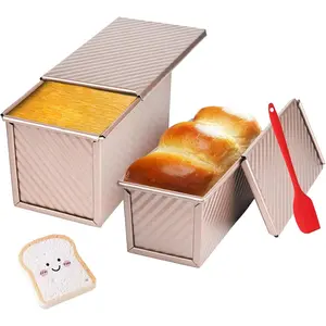 Pack Loaf Pan with Lid, 1 lb/0.5 lb Dough Capacity for Homemade Bread, Non-stick Corrugated Carbon Steel Bread Toast Box with Cover for Bakeware, Sandwich & Toast Oven Baking, GoldDD14HUB STORE
