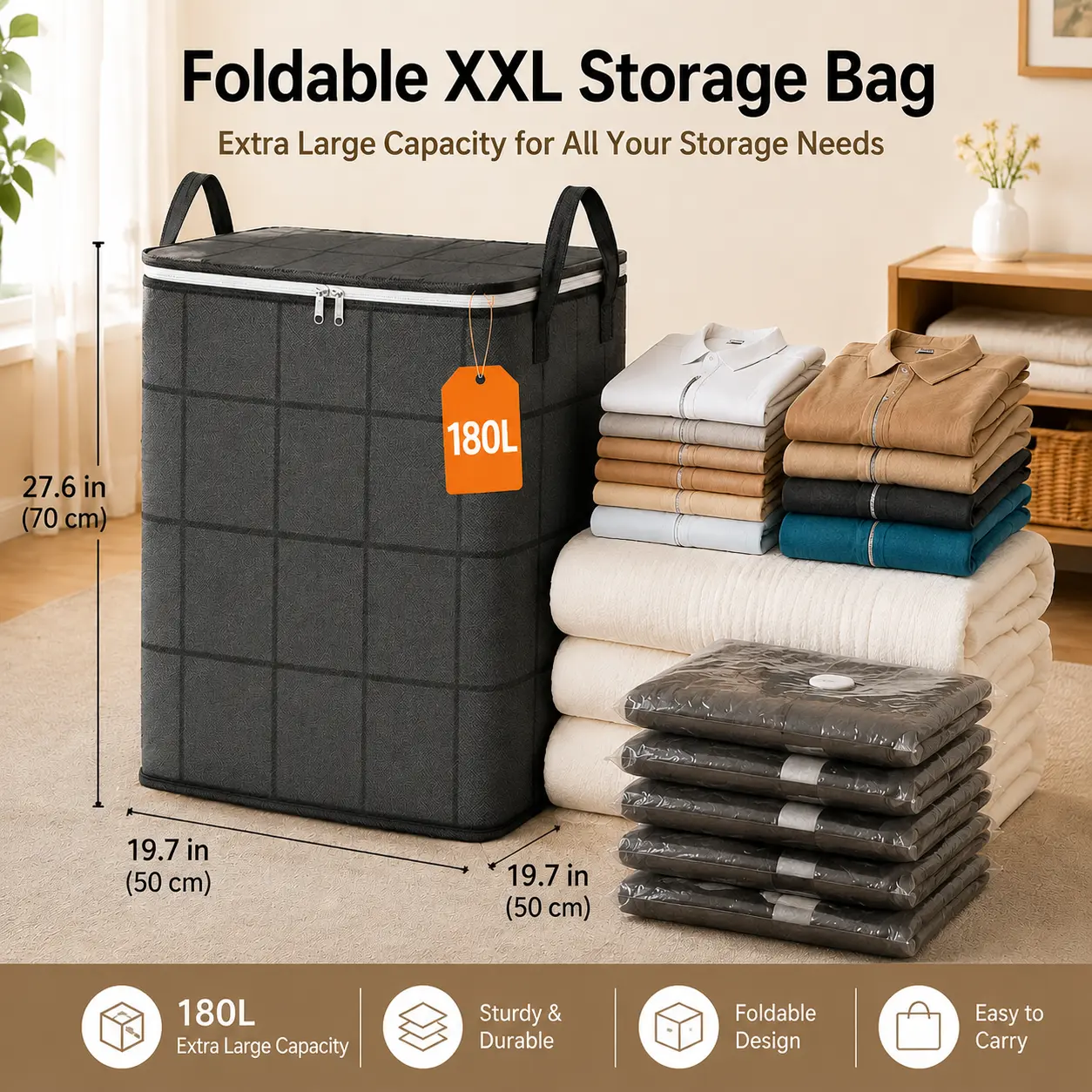 XXL 180L Large Foldable Storage Bag with Handles - Heavy Duty Clothes Organizer for Closet, Moving & Seasonal Storage, Space Saving