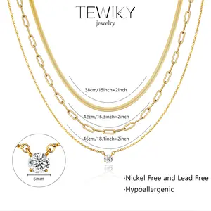 3 Pcs Set Necklaces for Women, Dainty CZ Pendant Necklaces Simple Herringbone Snake Choker Cuban Link Paperclip Chain Necklace Jewelry Sets for Women Girls