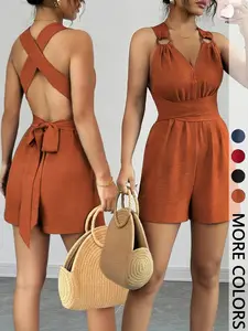 1 Piece Elegant Backless Halter Tie Waist Short Romper Jumpsuit
