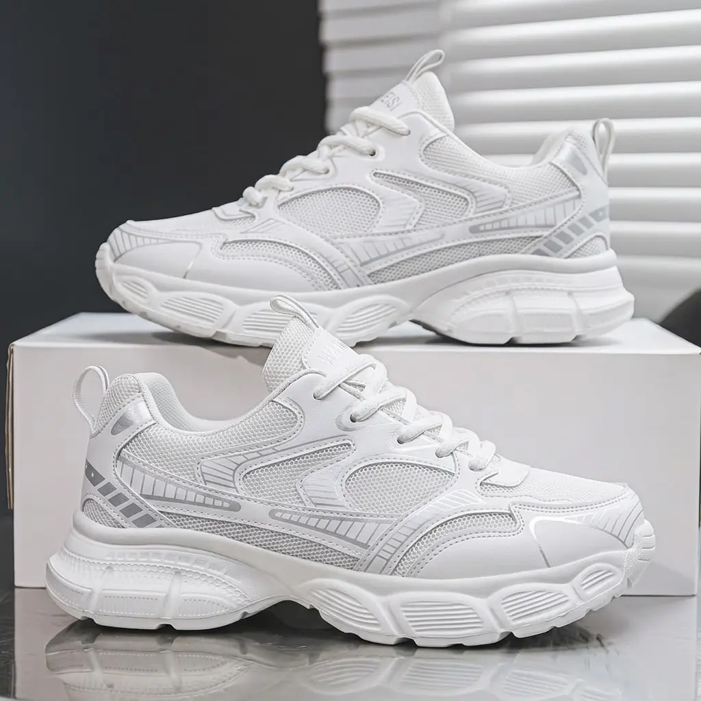 Men's Casual Low-Top Sneakers, 2026 Season White Fashion Design, Round Toe, Breathable Mesh, Non-Slip, Daily Walking Streetwear Shoes