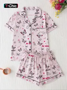 Women's Valentine Heart Butterfly Print Pajama Set, Elegant Fitted Short Sleeve Top & Comfortable Shorts, All Seasons Sleepwear