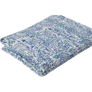 Indian Hand Block Print Kantha Quilt Cotton Throw Blanket Bedspread Queen Size (White, 90 X 108 Inch)