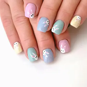 24 Pcs Colorful Glossy Easter Press on Nails Short Square Fake Nails Cute White Bunny False Nails Design Spring Acrylic Nails Full Cover Easter Rabbit