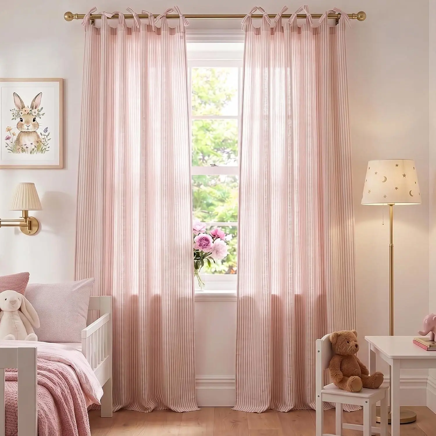 NICETOWN Stipes Pattern Linen Blend Curtains for Girls with Adjustable Top Ties, Shabby Chic Window Treatment for Nursery & Bedroom, Airy & Breathable Light Filtering, 2 Panels