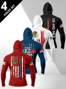 Us & Mex Flag Print Hooded Long Sleeve T-Shirt, Men's Daily Fitness 4-Pack, Vintage Design Muscle Sport Top