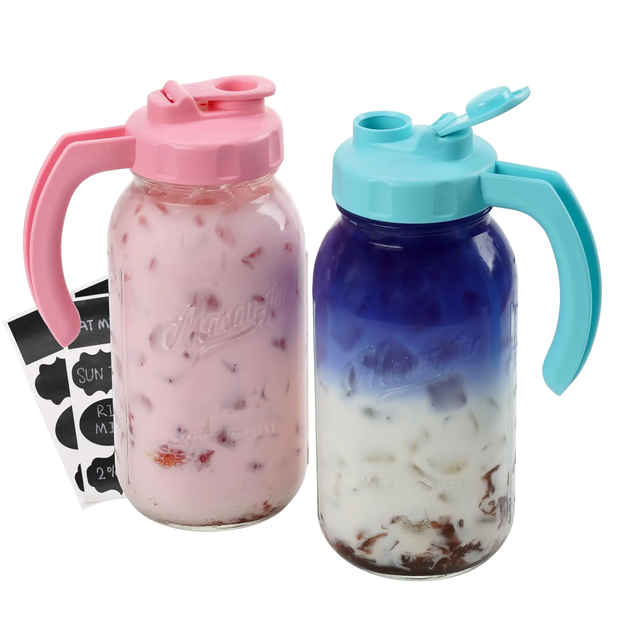 Soligt Glass Mason Jar Pitcher, 2 Pack 64oz(2 Quart /1.9 Liter) Wide Mouth Mason Jar Pitcher with Handle, Airtight and Dishwasher Safe, Iced Brew Coffee Maker Pitcher, Homemade Iced Tea, Pour Spout Handle Lids Kitchen Bottle Drink Container Storage Food