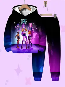 Girls' Spring & Fall Hooded Sweatshirt Set, Soft Breathable Warm Cartoon Fashion, Casual Wear for Kids, Fashion Style Sets