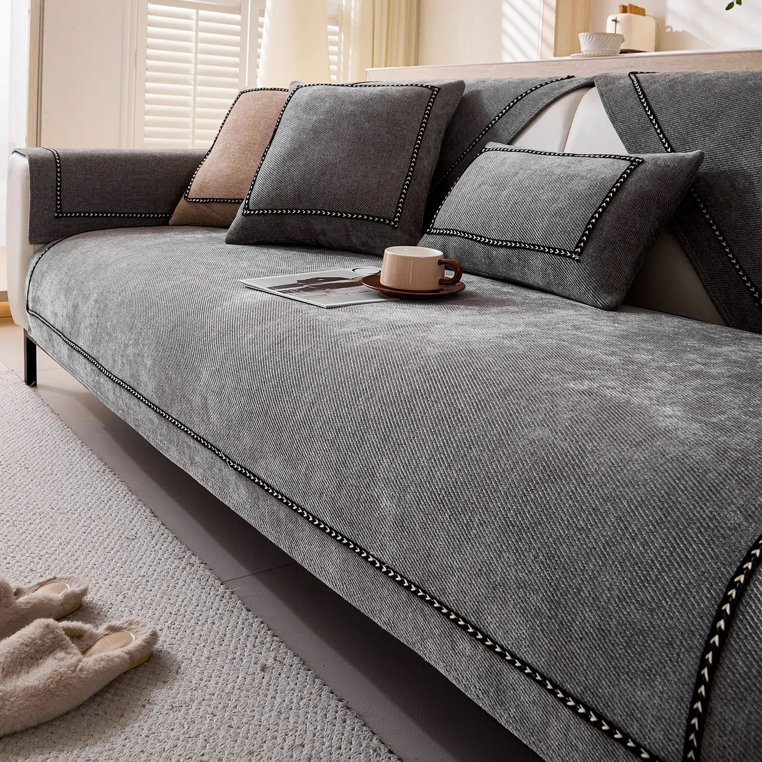 1pc Solid Color Chenille Sofa Cushion, All Season Reusable, Comfortable Non-Slip Washable, Fits 1-5 Seat Sofas, Contemporary Style