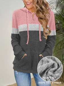 Colorblock Drawstring Hoodie Knit Sweater Sweatshirts, Casual Versatile Fitted Medium Stretch Long Sleeve Pullover, Men's Fashion Top for Daily Wear