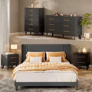 GIZOON Modern Black Bedroom Furniture Set - Queen Bed Frame, 2-Piece Nightstand Sets, 5-Drawer Dresser, Double Wide 6-Drawer Dresser - Stylish Indoor Home Ample Storage Solution