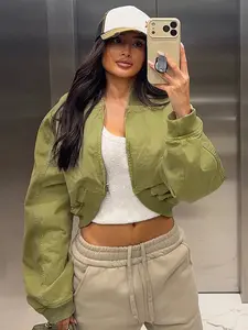 Green Cropped Bomber Jacket For Women Zip Up Loose Fit Coat Women's Long Sleeve Top Female Chic Casual Outerwear Women's Jackets Fashion Streetwear Lady Womenswear